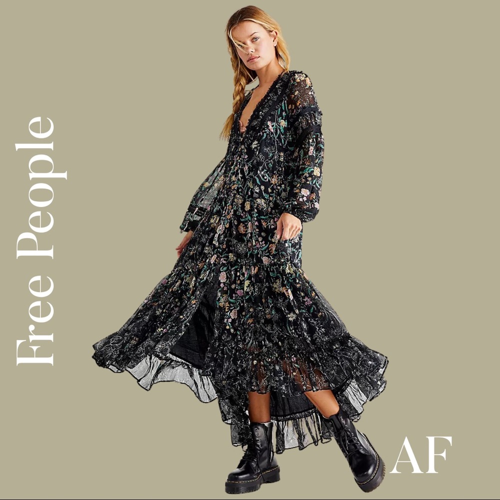 FREE PEOPLE CASSIS CHIFFON MAXI DRESS NEW BLACK COMBO